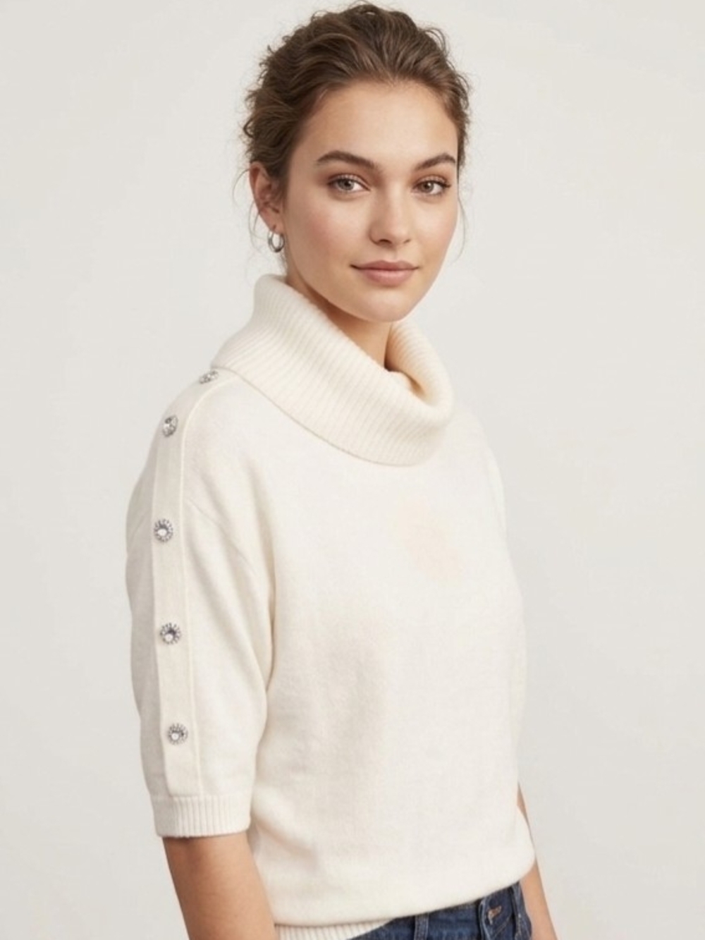 Draper’s & Damon’s Cream Cowl Neck Sweater w/ Rhinestone Buttons - XL